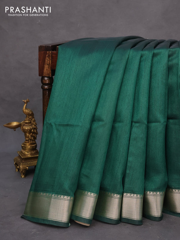 Semi dupion saree green and beige with plain body and printed pallu