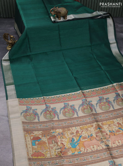 Semi dupion saree green and beige with plain body and printed pallu