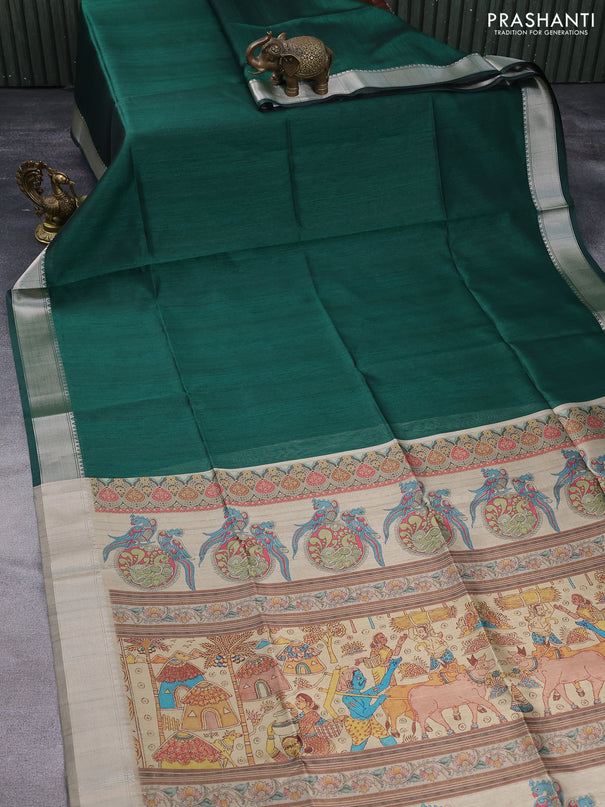 Semi dupion saree green and beige with plain body and printed pallu