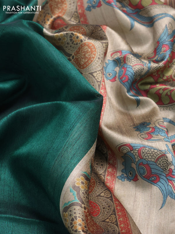 Semi dupion saree green and beige with plain body and printed pallu
