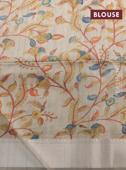 Semi dupion saree green and beige with plain body and printed pallu