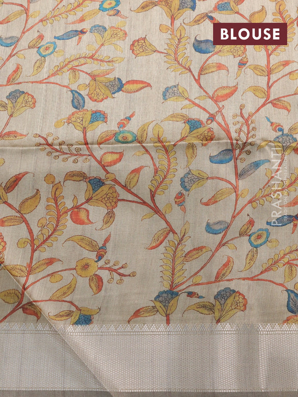 Semi dupion saree green and beige with plain body and printed pallu