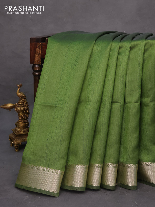 Semi dupion saree sap green and beige with plain body and printed pallu