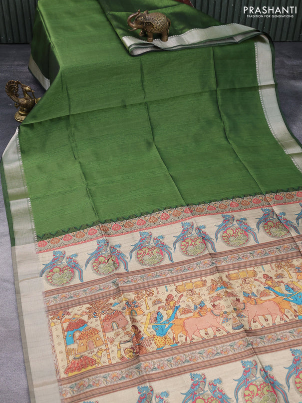 Semi dupion saree sap green and beige with plain body and printed pallu