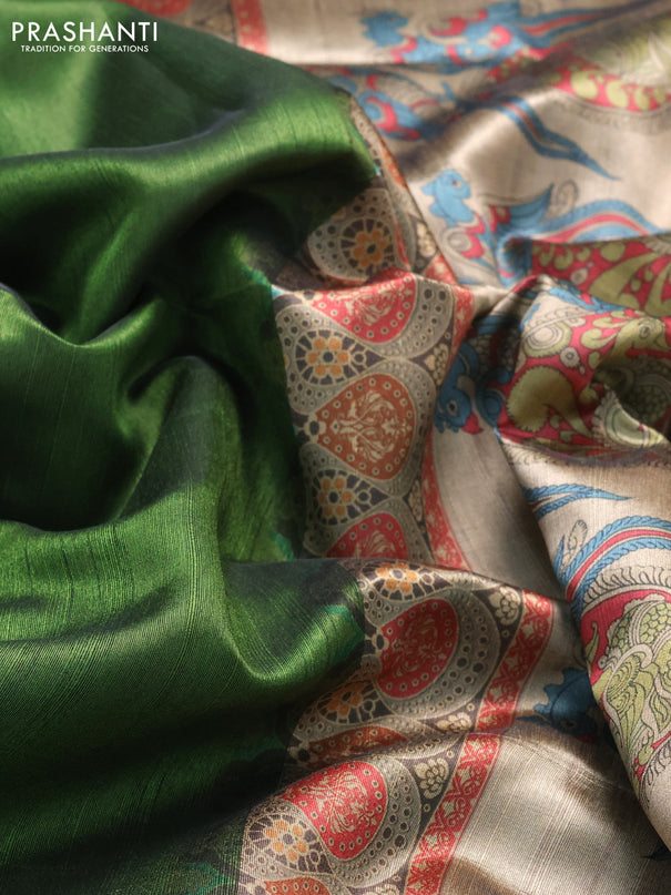 Semi dupion saree sap green and beige with plain body and printed pallu