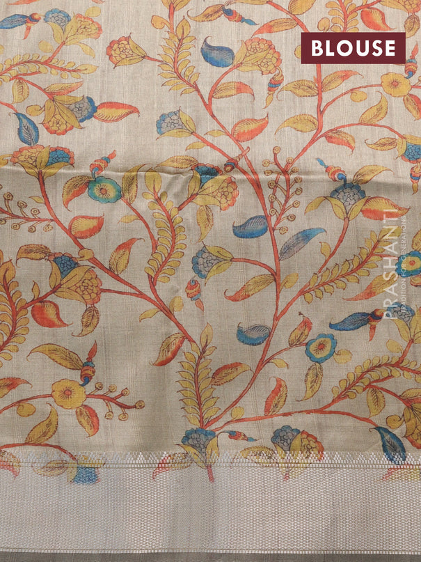 Semi dupion saree sap green and beige with plain body and printed pallu