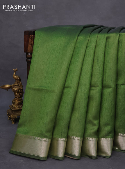 Semi dupion saree sap green and beige with plain body and printed pallu