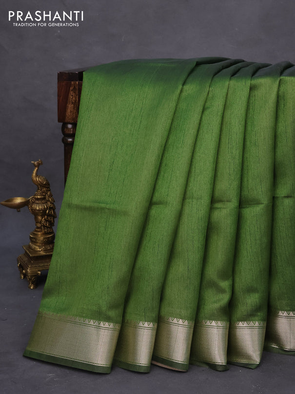 Semi dupion saree sap green and beige with plain body and printed pallu