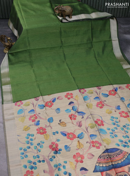 Semi dupion saree sap green and beige with plain body and printed pallu