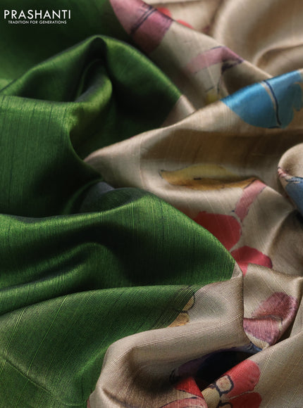 Semi dupion saree sap green and beige with plain body and printed pallu
