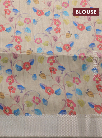 Semi dupion saree sap green and beige with plain body and printed pallu