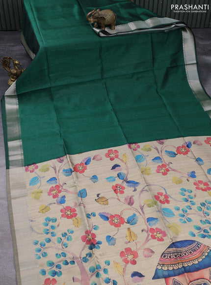 Semi dupion saree green and beige with plain body and printed pallu