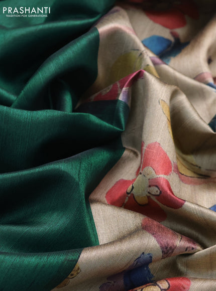 Semi dupion saree green and beige with plain body and printed pallu