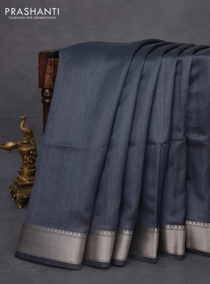 Semi dupion saree elephant grey and beige with plain body and printed pallu