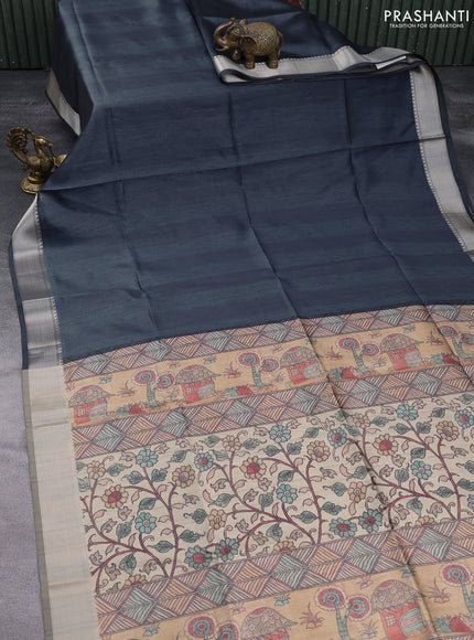 Semi dupion saree elephant grey and beige with plain body and printed pallu