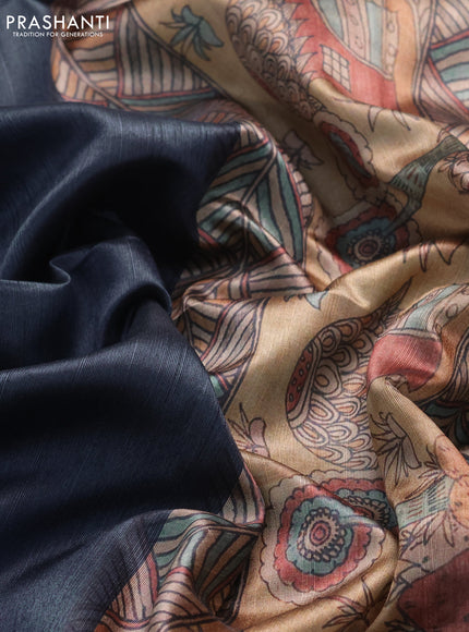 Semi dupion saree elephant grey and beige with plain body and printed pallu