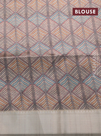 Semi dupion saree elephant grey and beige with plain body and printed pallu