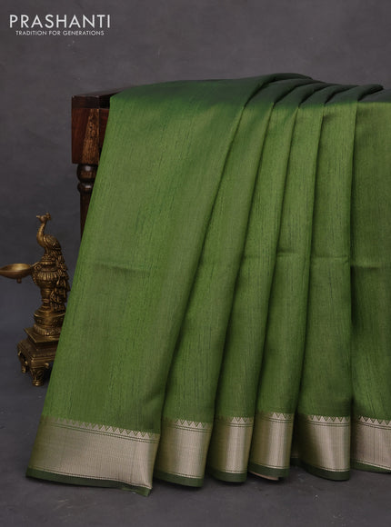 Semi dupion saree sap green and beige with plain body and printed pallu