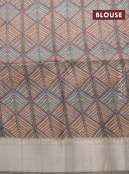 Semi dupion saree sap green and beige with plain body and printed pallu