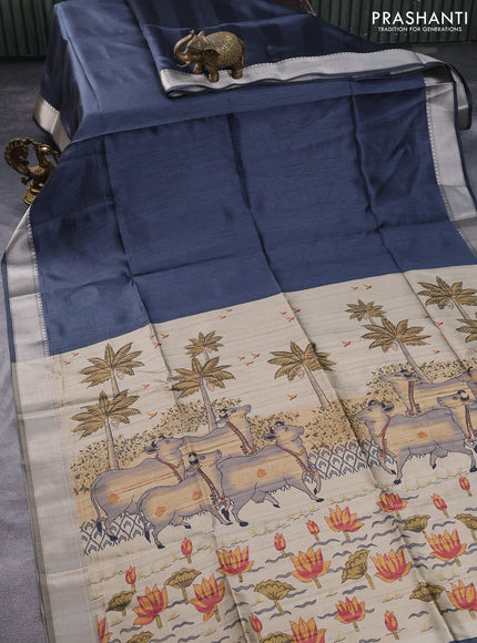 Semi dupion saree elephant grey and beige with plain body and printed pallu