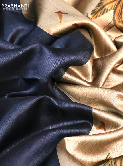 Semi dupion saree elephant grey and beige with plain body and printed pallu