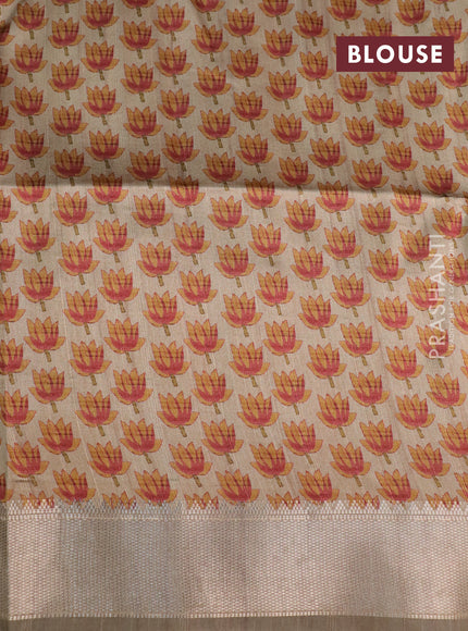 Semi dupion saree elephant grey and beige with plain body and printed pallu