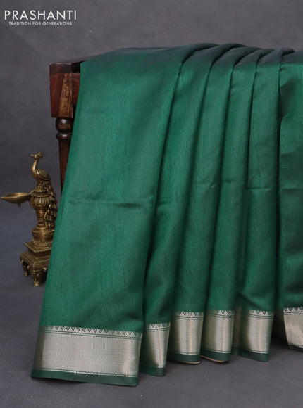 Semi dupion saree dark green and beige with plain body and printed pallu
