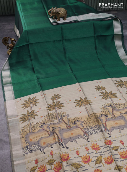 Semi dupion saree dark green and beige with plain body and printed pallu