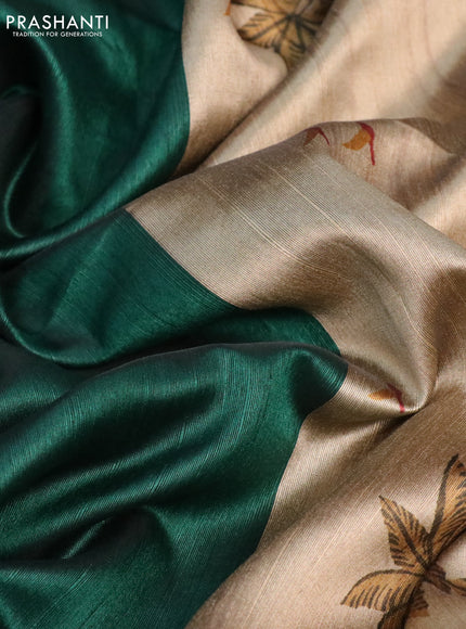 Semi dupion saree dark green and beige with plain body and printed pallu