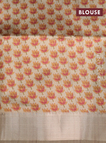 Semi dupion saree dark green and beige with plain body and printed pallu