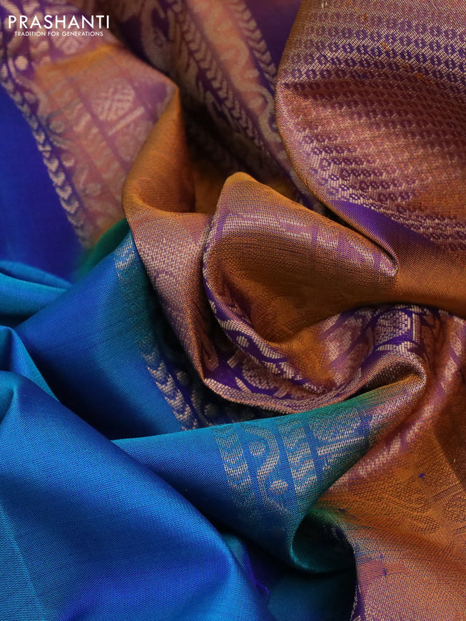 Pure soft silk saree dual shade of cs blue and dual shade of rust with annam & rudhraksha zari woven buttas and long rettapet zari woven border