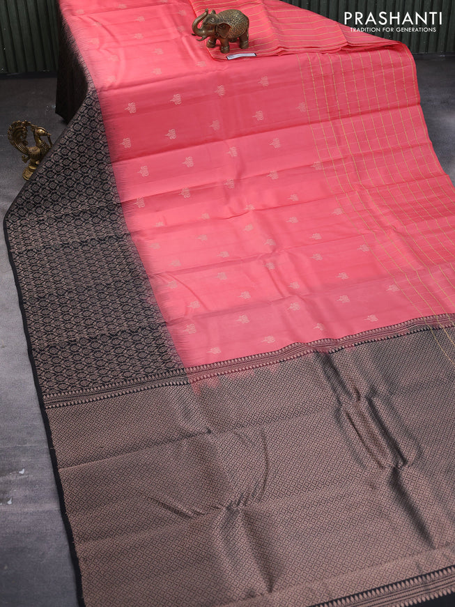 Pure soft silk saree peach pink and black with zari checks & buttas and zari woven brocade border