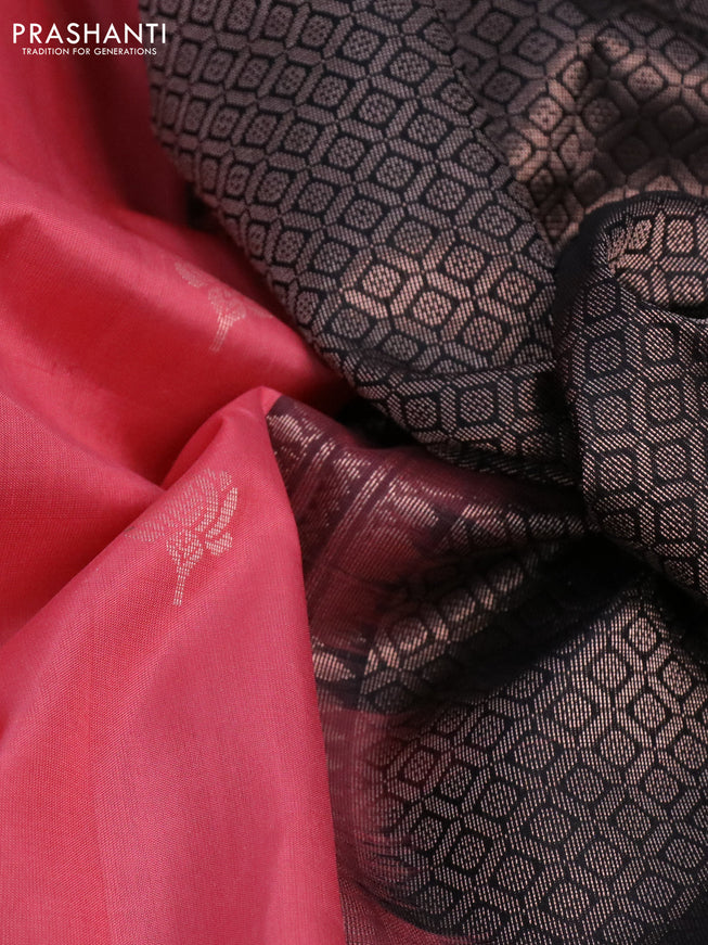 Pure soft silk saree peach pink and black with zari checks & buttas and zari woven brocade border