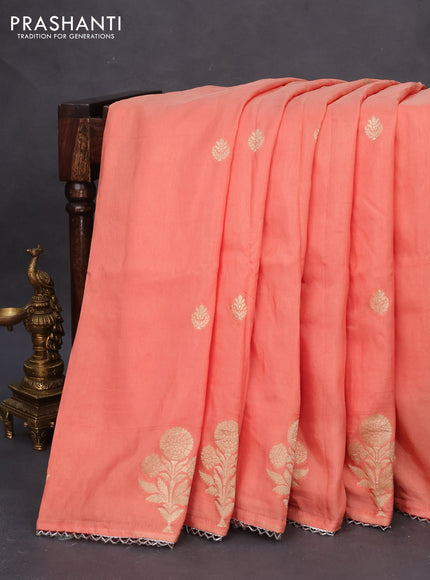 Semi tussar silk saree peach orange and red with thread & zari woven buttas and woven buttas & beaded work border