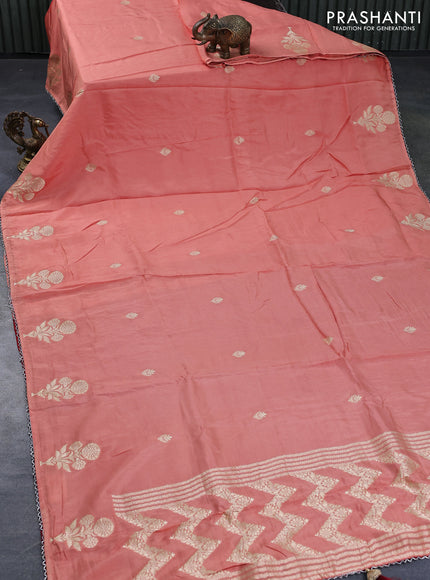 Semi tussar silk saree peach orange and red with thread & zari woven buttas and woven buttas & beaded work border