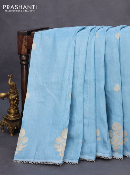 Semi tussar silk saree pastel blue and navy blue with thread & zari woven buttas and woven buttas & beaded work border