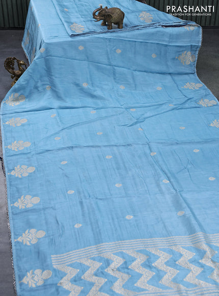 Semi tussar silk saree pastel blue and navy blue with thread & zari woven buttas and woven buttas & beaded work border