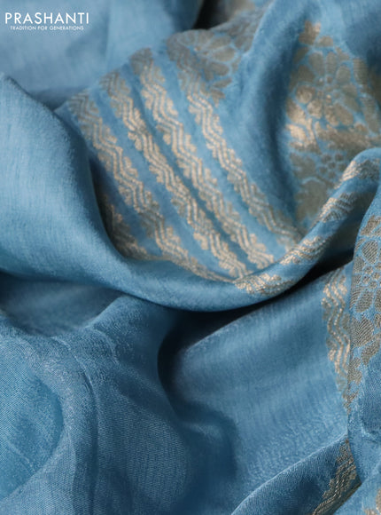 Semi tussar silk saree pastel blue and navy blue with thread & zari woven buttas and woven buttas & beaded work border