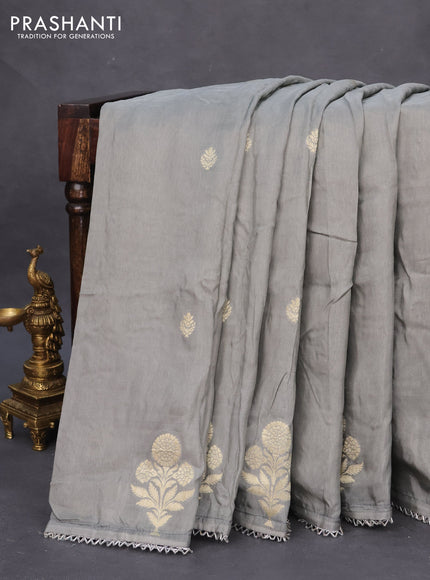 Semi tussar silk saree grey and navy blue with thread & zari woven buttas and woven buttas & beaded work border