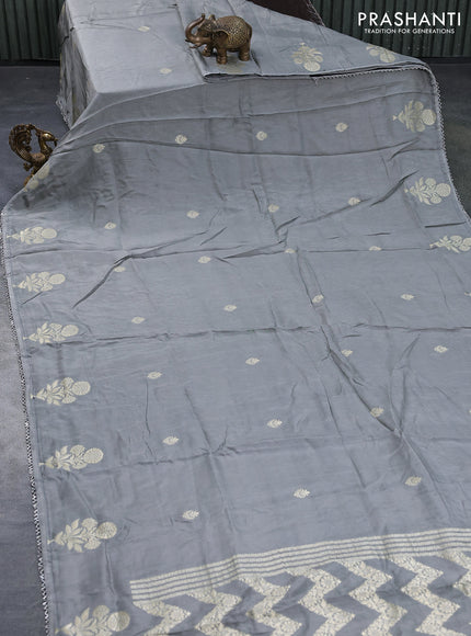 Semi tussar silk saree grey and navy blue with thread & zari woven buttas and woven buttas & beaded work border