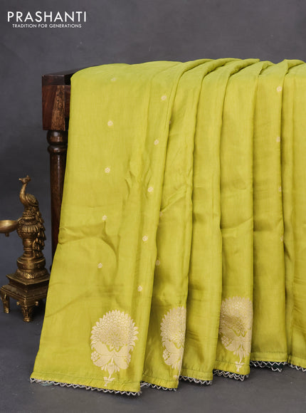 Semi tussar silk saree lime green and bottle green with thread & zari woven buttas and woven buttas & beaded work border