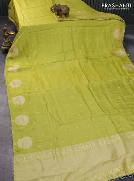 Semi tussar silk saree lime green and bottle green with thread & zari woven buttas and woven buttas & beaded work border