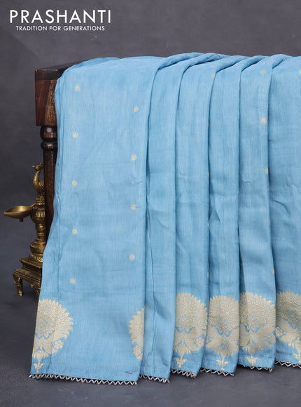 Semi tussar silk saree pastel blue and navy blue with thread & zari woven buttas and woven buttas & beaded work border
