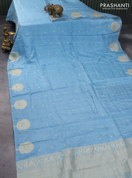 Semi tussar silk saree pastel blue and navy blue with thread & zari woven buttas and woven buttas & beaded work border