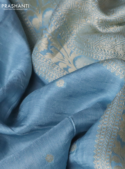Semi tussar silk saree pastel blue and navy blue with thread & zari woven buttas and woven buttas & beaded work border