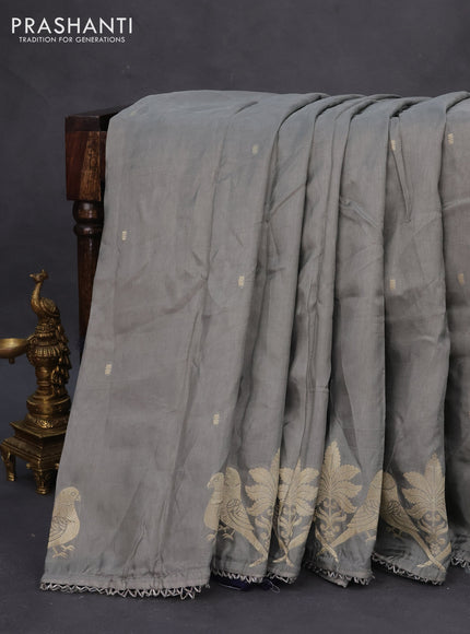 Semi tussar silk saree grey and navy blue with thread & zari woven buttas and woven buttas & beaded work border