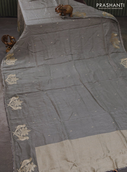Semi tussar silk saree grey and navy blue with thread & zari woven buttas and woven buttas & beaded work border