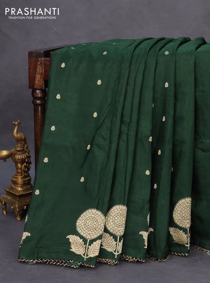 Semi tussar silk saree bottle green and light green with thread & zari woven buttas and floral design buttas & beaded work border