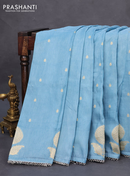 Semi tussar silk saree pastel blue and navy blue with thread & zari woven buttas and floral design buttas & beaded work border