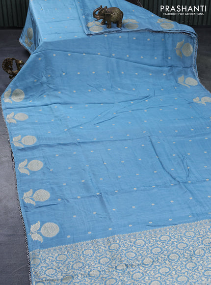 Semi tussar silk saree pastel blue and navy blue with thread & zari woven buttas and floral design buttas & beaded work border